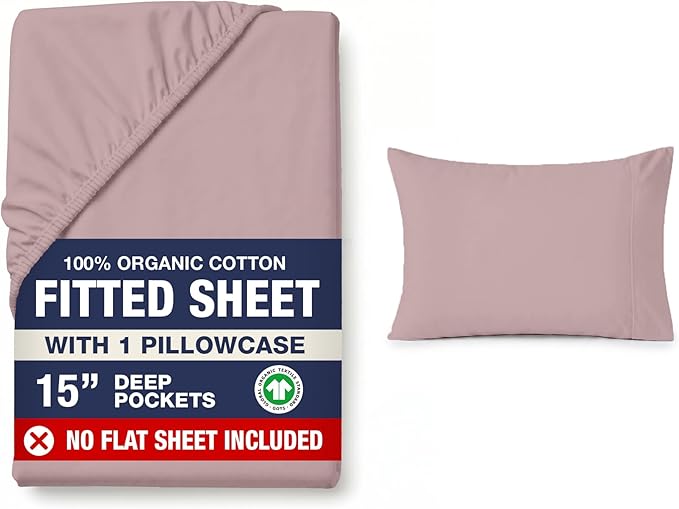 LANE LINEN 100% Organic Cotton Twin Fitted Sheets, 2-Piece Set (1 Fitted Sheet, 1 Pillowcase), Percale Weave, Lightweight, Soft, Breathable, Fits Mattress Upto 15' Deep - Lilac (No Flat Sheet)