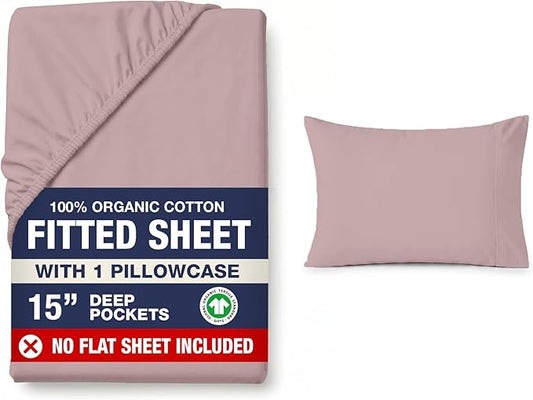 LANE LINEN 100% Organic Cotton Twin Fitted Sheets, 2-Piece Set (1 Fitted Sheet, 1 Pillowcase), Percale Weave, Lightweight, Soft, Breathable, Fits Mattress Upto 15' Deep - Lilac (No Flat Sheet)