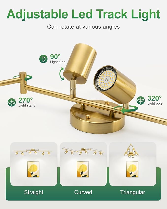 6 Ways Track Lighting, Rotatable Heads Tracks Light, Track Lightings Fixtures Ceiling with Foldable Arms, Brushed Gold Tracks Light for Kitchen, Living Room, Hallway(Bulbs Not Included)
