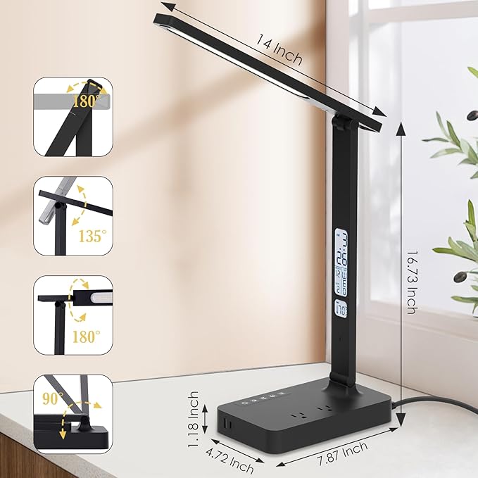 LAOPAO Power Strip with LED Desk Lamp: Table Lamp with Charging Station - 2 Outlets 1 USB-A Ports 1 Type-C Ports, Surge Protection and Led Display, 5ft Extension Cord, 5 Color Modes 5 Brightness