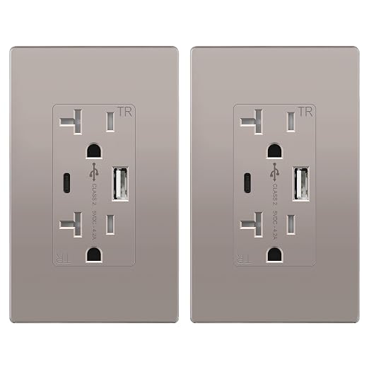 TOPGREENER 2-Port USB Outlet, 4.2A Type A & Type C USB Wall Outlet, 20 Amp Tamper-Resistant USB Outlets Receptacles, Wall Plate Included, UL Listed, TU22036AC-NKWSI-2PCS, Nickel, 2Pack