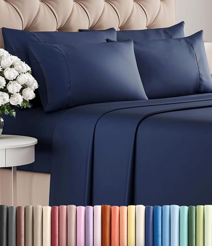 King 6 Piece Sheet Set - Comfy Breathable & Cooling - Ultra-Soft Hotel Luxury Bedding Set with 8-16 Inch Deep Pockets - 1 Flat & 1 Fitted Sheet & 4 Pillowcases - Wrinkle Free & Easy Care - Navy Blue
