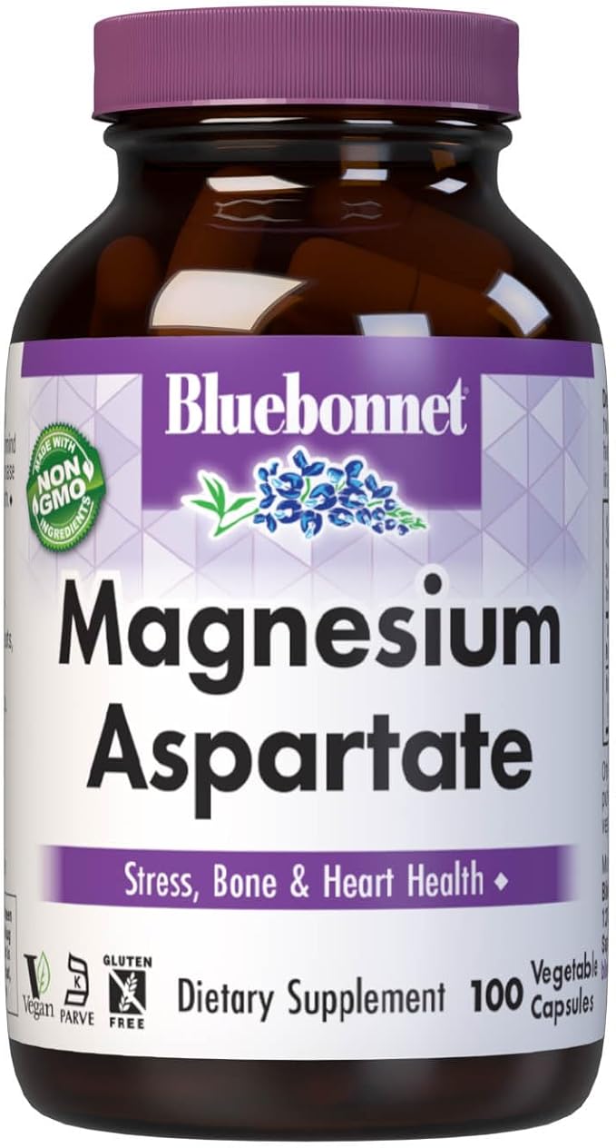 Bluebonnet Nutrition マグネシウムアスパラギン酸、ストレス緩和*、骨の健康*、心臓の健康*、非遺伝子組み換え、ビーガン、コーシャ認定、グルテンフリー、大豆不使用、乳製品不使用、100植物性カプセル、50回分