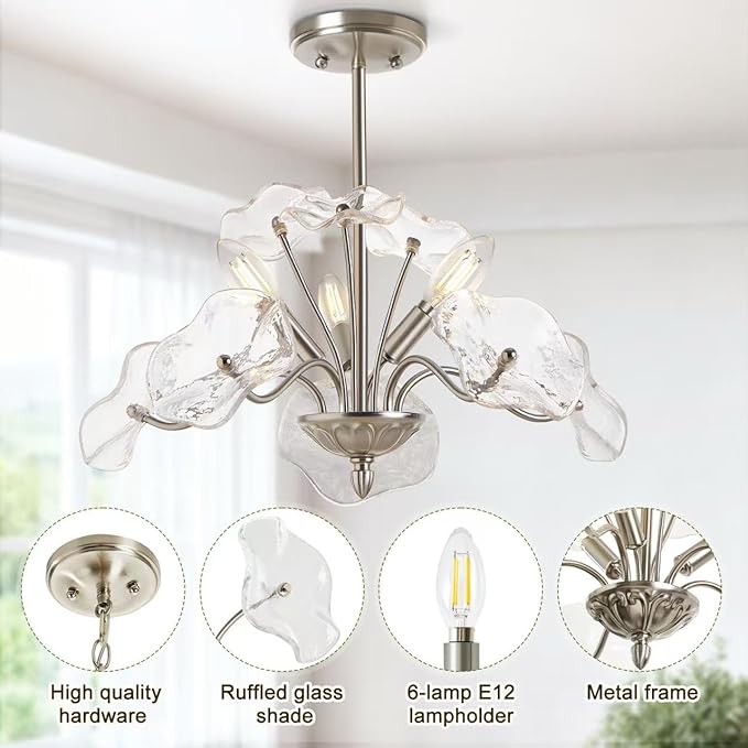 Luvkczc Modern Brushed Nickel Chandelier,Vintage Flower Glass Pendant Light Fixture,Mid Century Ceiling Light Fixture for Dining Room, Kitchen, Living Room, Bedroom Hallway Porch,3 Lights