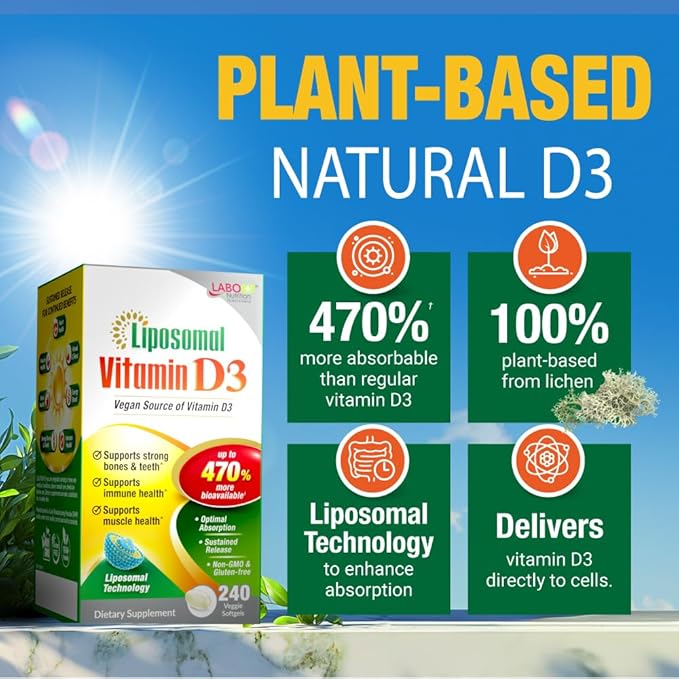 LABO Nutrition Liposomal Vitamin D3, High Potency Vegan-Sourced for Optimal Absorption, Sustained Release, 470% Bioavailable, Boost Immunity, Bone & Brain Health, 240 Days Supply, Non-GMO, Gluten Free