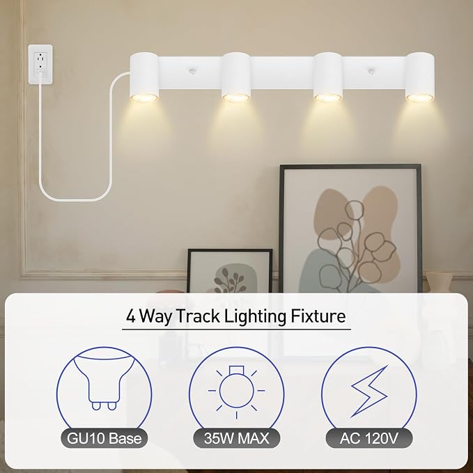 BoostArea LED Track Lighting Ceiling Fixtures, White 4-Light Plug in Track Lights for Kitchen, 23" Ceiling Spotlight, 15 FT Cord,Flexibly Rotatable Wall Mount Light Head for Bedroom Hallway