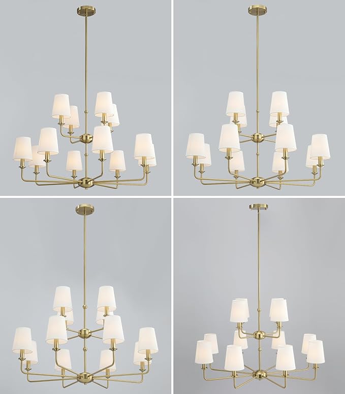12-Light Brushed Gold Chandelier, E12 Bulb Compatible, White Fabric Shades, Adjustable Rod, Farmhouse & Industrial Style Ceiling Light for Living Room Dining Room Bedroom