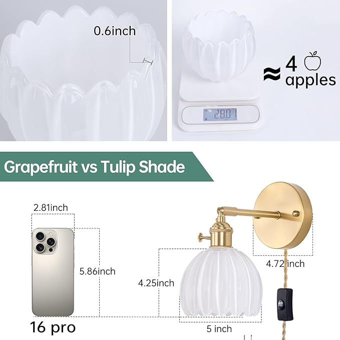 Shenmoyl Plug in Wall Sconce, White Tulip Glass Lampshade Wall Light Plugin Corded for Bedside Bedroom Doorway