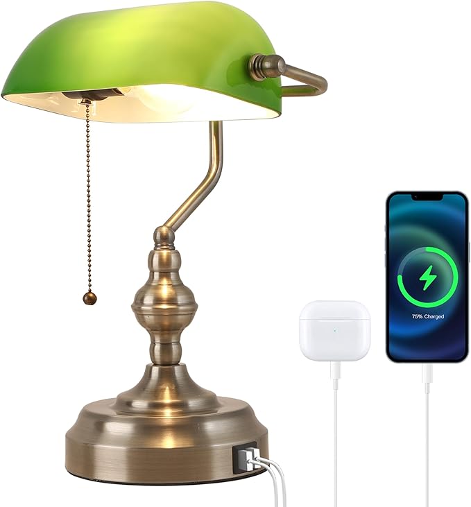 Green Glass Banker's Desk Lamp, Antique Banker Desk Lamps with USB Charging Port, Traditional Library Lamp, Vintage Desk Lamp Green Shade for Office Study Room, Pull Chain Switch