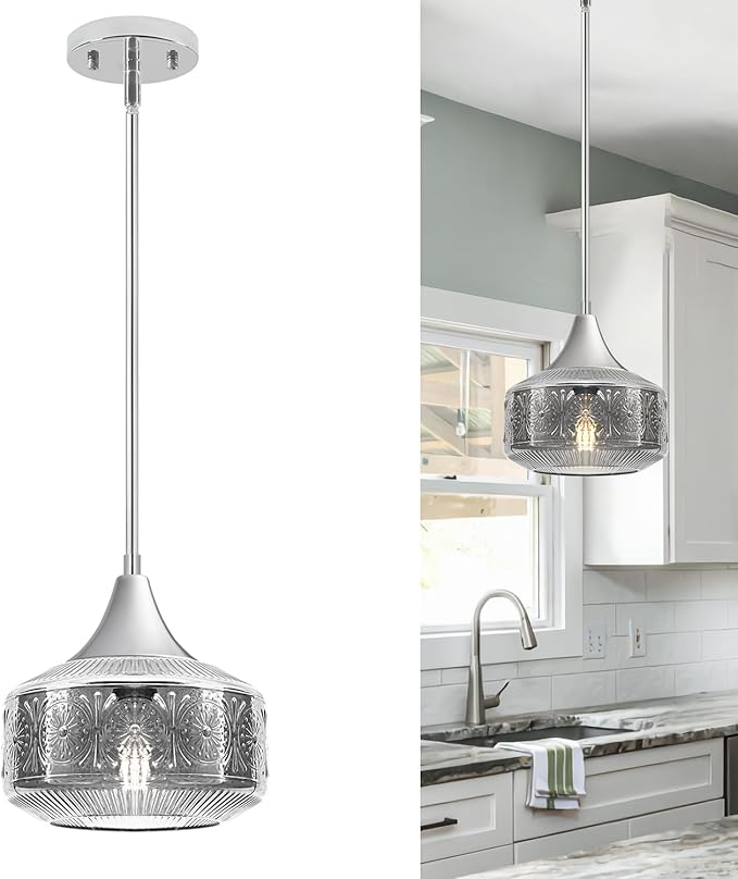 Modern Chrome Pendant Lights Kitchen Island, 9 Inch Smoke Grey Glass Pendant Light with Adjustable Hanging Rod, E26 Socket, for Kitchen Island Lighting, Bathroom, Hallway & Entryway Home Decor