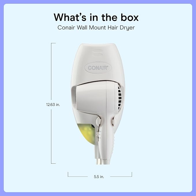 Conair Wall Mount Hair Dryer | Space-Saving Wall Mount Design with LED Night Light, 1600W, for Fine, Medium, and Thick Hair, White, 134L