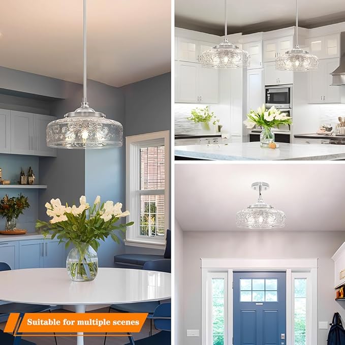 Brushed Nickel Pendant Light with Clear Glass Lampshade, 3-Light Adjustable Pendant Lights Kitchen Island, Vintage Kitchen Pendant Light Ceiling Hanging Lights for Dining Room Hallway Bathroom, E12*3