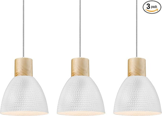 ELYONA 3 Pack White Hammered Pendant Lights for Kitchen Island 7” Small Nordic Solid Wood Hanging Light Fixtures, Modern Metal Pendant Light Fixtures for Bar, Dining Room, Bedroom, Hallway, Office