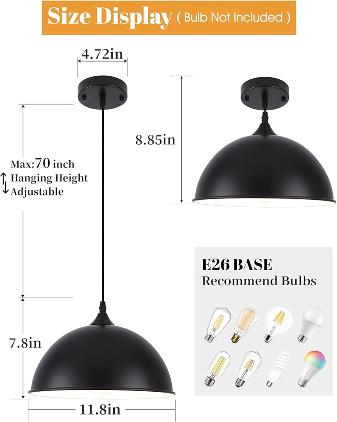 Black Pendant Lights Kitchen Island 2 Pack, 11.8" Farmhouse Dome Pendant Light, Adjustable Height Island Pendant Lights for Dining Room Bedroom