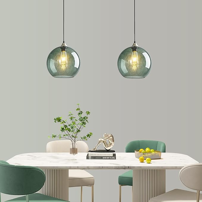 Modern 2-Pack Glass Globe Pendant Lights, Gray Green Modern Pendant Lighting for Kitchen Island, Glass Hanging Lamps for Dining Room Living Room Bedroom, Small 5.9 Inch Fixture (Bulbs Not Included)