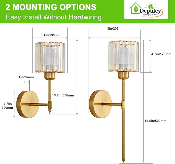 Depuley Battery Operated Wall Sconce: Set of 2 Wireless Crystal Wall Lights with Remote for Bedroom - Rechargeable 15 Colors Gold Wall Lamp for Living Room Hallway Home Decor