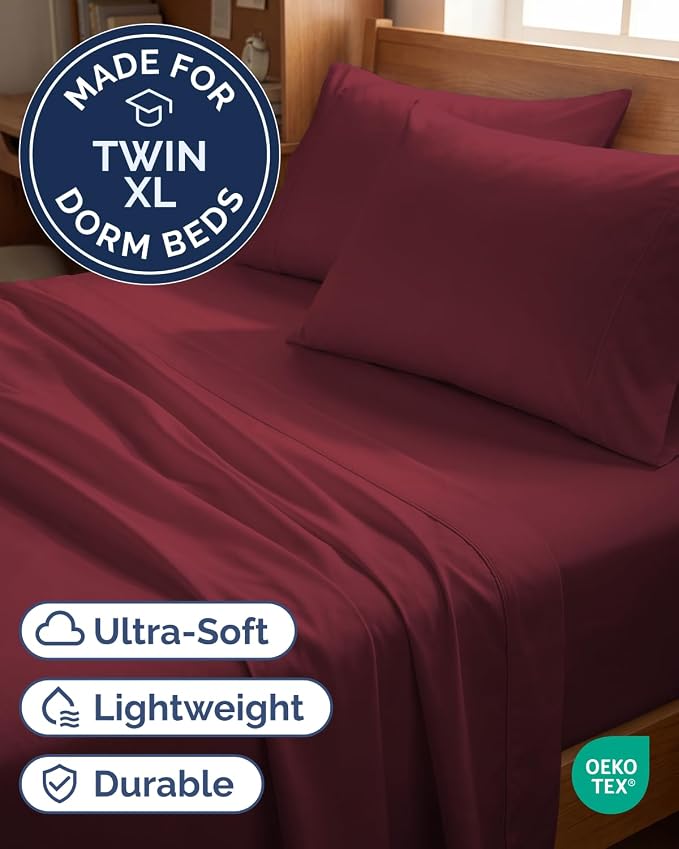 Twin XL 4 Piece Sheet Set - Comfy Breathable & Cooling - Ultra-Soft Hotel Luxury Bedding Set w/ 8-16 Inch Deep Pockets - 1 Flat & 1 Fitted Sheet & 2 Pillowcases - Wrinkle Free & Easy Care - Burgundy