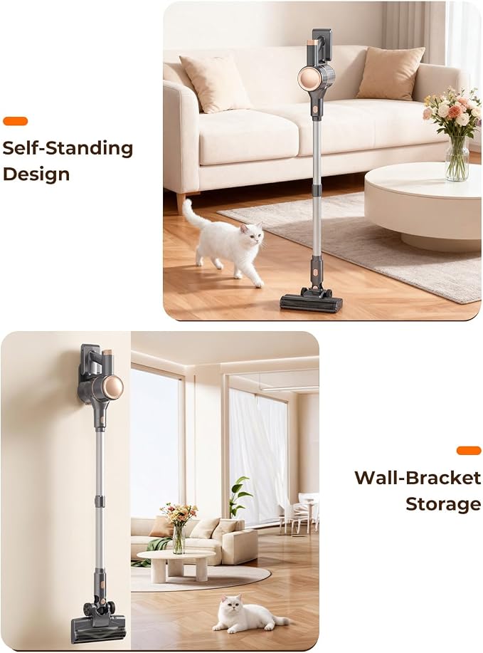 UML0 N8 Cordless Stick Vacuum Cleaner,Lightweight Vacuum Cleaner with Powerful Suction,Self-Standing,Rechargeable Vacuum Cleaners for Home Hardwood Floor Carpet Pet Hair (Gold)