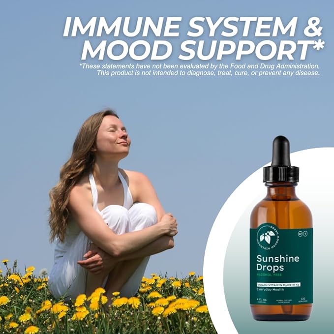 Mountain Meadow Herbs Sunshine Drops | Vegan Vitamin D3 Booster for Healthy Bones & Teeth | Ideal Winter Supplement | Tincture 4oz