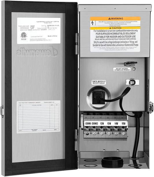 DEWENWILS 200W Multi-Tap Low Voltage Landscape Transformer, 120V AC to 12V/13V/14V/15V AC,Low Voltage Transformer for Landscape Lights, Outdoor Lights, Garden Lights, Stainlees Steel, ETL Listed