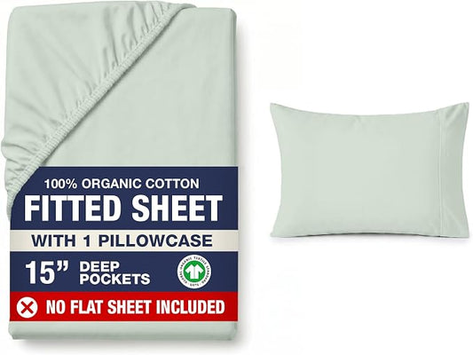 LANE LINEN Twin XL Size Fitted Sheet & Pillowcase (No Flat Sheet) - 100% Organic Cotton Soft & Breathable Percale Weave Fitted Sheet Set - 15'' Deep Pocket for Snug Fit - GOTS Certified - Cool Blue