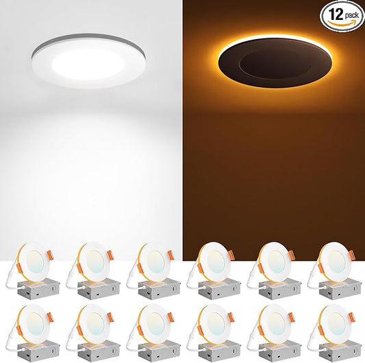 Amico 12 Pack 3 Inch 5CCT LED Recessed Ceiling Light with Night Light, 2700K/3000K/3500K/4000K/5000K Selectable Ultra-Thin Recessed Lighting, 7W=65W, 500LM, Dimmable Canless Wafer Downlight ETL&FCC