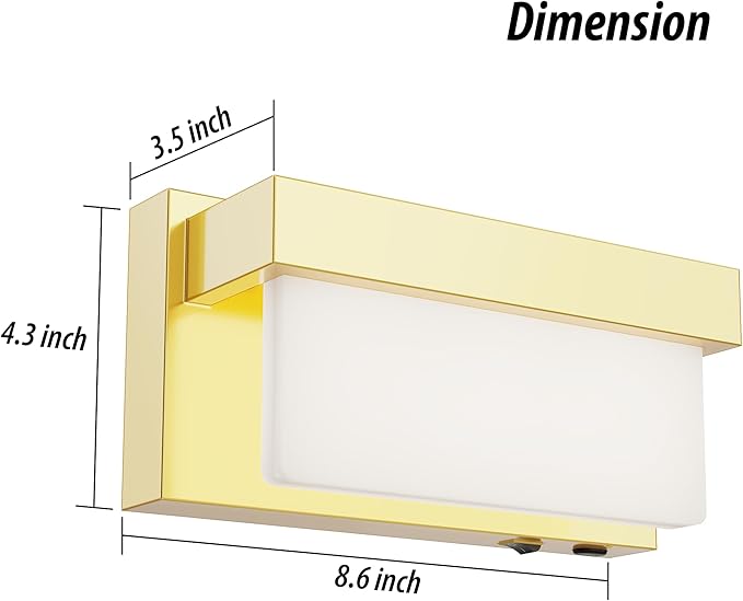 Battery Wall Sconce Gold Wall Light with On/Off Switch 8 inch LED Wall Lamp Acrylic Lampshade 3CCT Sconce Wall Lighting