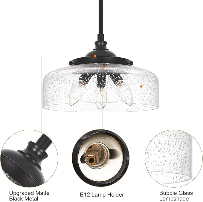 Black Vintage 3-Light Pendant Lights Kitchen Island, Adjustable Height Kitchen Island Lighting, Bathroom Pendant Light with Bubble Glass Shade- Dual Mount Ceiling & Hanging Fixtures with 90° Swivel