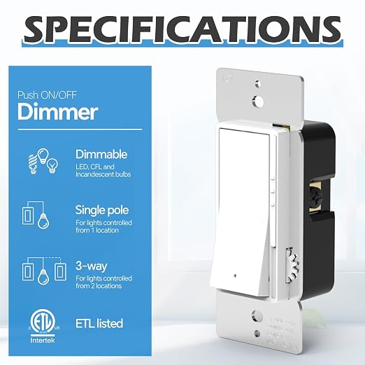 ThunderWay 5 Pack Slide Dimmer Light Switch, Single Pole or 3-Way LED Dimmer Switch, for 300W Dimmable LED/CFL Lights and 700W Incandescent/Halogen, Wall Plate Included, ETL Listed, White