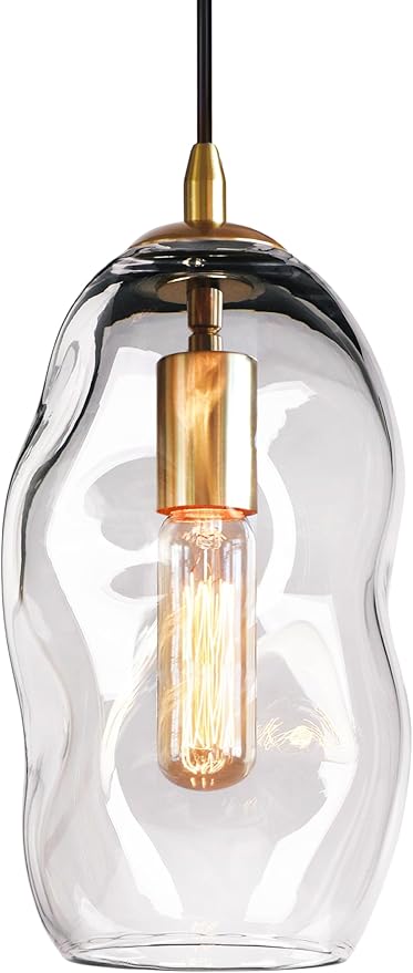 CASAMOTION Modern Pendant Lights Kitchen Island Large Gold Hanging Light Fixtures for Dining Table Blown Art Glass Clear Organic Globe Bedroom Foyer Entryway Hallway Lamp 12 Inch 1 Pack