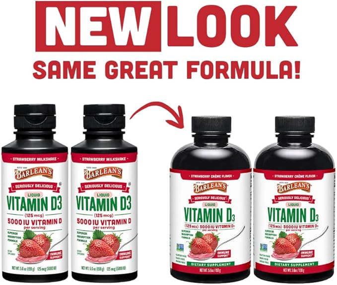 Lot de 2 suppléments liquides de vitamine D3 Barlean's pour enfants et adultes, 5000 UI de vitamine D, saveur lait frappé à la fraise, sans OGM, sans gluten et sans produits laitiers, 158,7 g chacun