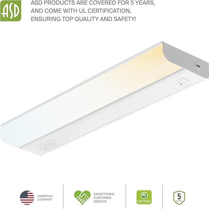 ASD LED Under Cabinet Lighting Hardwired, 18 Inch 10W 2700K-5000K Selectable, 807LM, CRI90+, Direct Wire Linkable Under Counter Lights for Kitchen, Dimmable Under Cabinet Lights, White, UL, 20 Pack