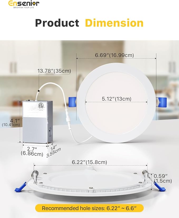 Ensenior 4 Pack 6 Inch LED Recessed Light, Dimmable, 2700K-6000K 6CCT, 1200LM High Brightness, 12W 120V, 3 Pin, ERL-12X-ETL, Damp Rated, Ultra-Thin Canless Wafer Ceiling Light - ETL & FCC & IC