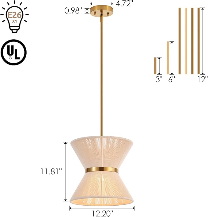 Hand Woven Boho Pendant Light Coastal Mini Modern Chandelier Adjustable Transitional Minimalist Pendant Lighting Fixtures for Kitchen Island Dining Room, White, Dia 12.2”, UL Listed