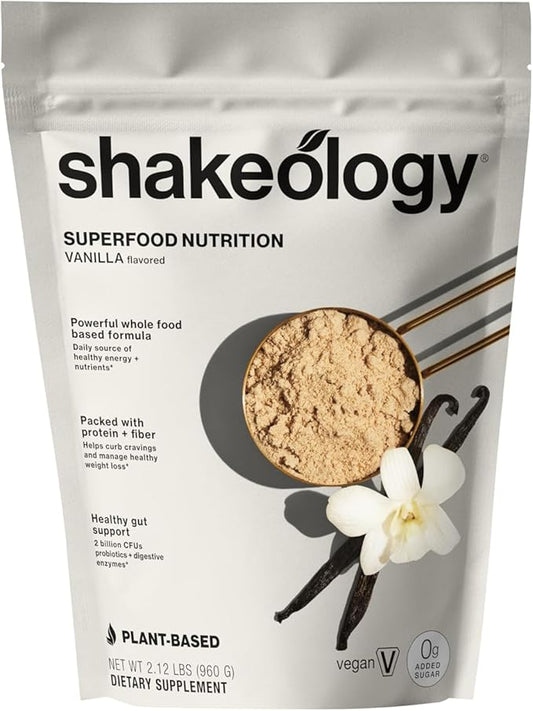 Shakeology Mélange de protéines végétales en poudre, 0 g de sucres ajoutés, shake sans gluten avec vitamines et minéraux – Aide à favoriser une perte de poids saine, la masse musculaire maigre, la santé intestinale – Vanille, 30 portions