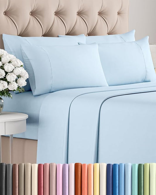 Cal King 6 Piece Sheet Set - Comfy Breathable & Cooling - Ultra Soft Hotel Luxury Bedding Set w/ 8-16 Inch Deep Pockets - 1 Flat & 1 Fitted Sheet & 4 Pillowcases - Wrinkle Free & Easy Care - Baby Blue