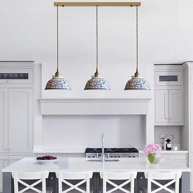 3-Light Ceramic Pendant Light, Chinese Blue and White Porcelain Pendant Light fixtures, Bedside Light, Hanging lamp for Kitchen Island Light Fixture, Home Bedroom Dining Room Ceiling Hanging Light
