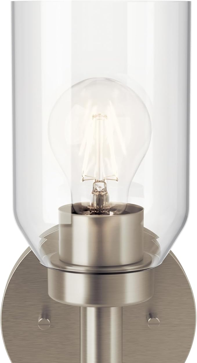 Kichler Madden 1-Light Bathroom Wall Sconce with Clear Glass in Brushed Nickel, Modern Vanity Light Fixture for Bathroom or Hallway, Sloped Ceiling Compatible (14.75" x 5"), 55183NI