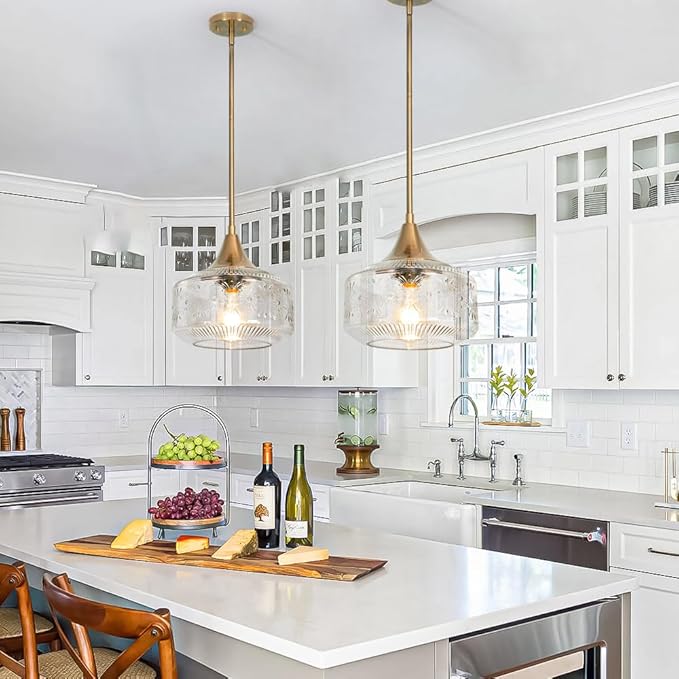 Vintage Gold Pendant Light with Clear Glass, Adjustable Kitchen Pendant Lighting over Island, Brushed Pendant Lights Kitchen Island, Dual Mount Ceiling & Hanging Fixtures with 90° Swivel for Decor