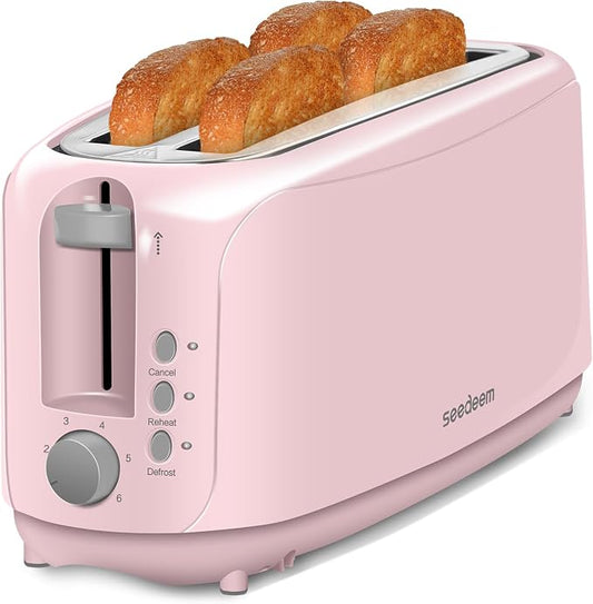 SEEDEEM 4 Slice Toaster, Extra Wide Slots Bread Toaster with 6 Shade Settings, Bagel/Cancel/Defrost/Reheat Functions, Removable Crumb Tray, Auto Shut-Off, Pink