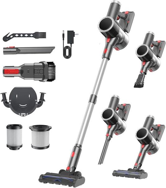 Cordless Vacuum Cleaner for Home, 6-in-1 Stick Vacuum Cordless Rechargeable with LED Display & Green Floor Lights, Lightweight Vacuum Cleaners for Home Pet Hair Hardwood Carpet - Silver