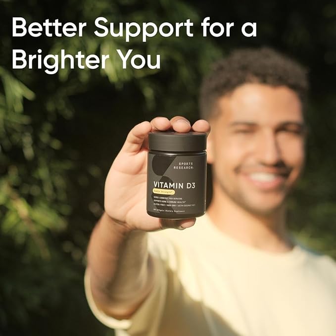 Sports Research® Vitamine D3 1000 UI avec huile de coco MCT - Supplément de vitamine D à haute puissance pour le soutien immunitaire et osseux - Sans gluten · Sans OGM · Sans soja - 360 gélules