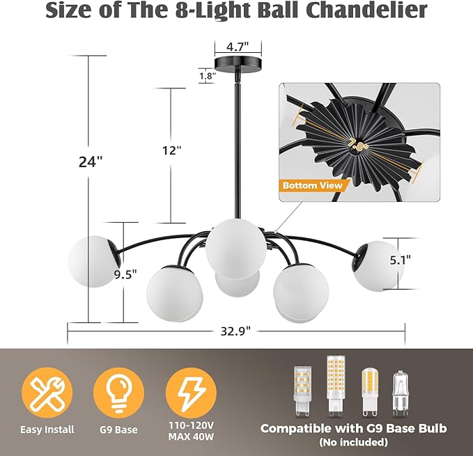 8-Light Milk Glass Pendant Light, 33" Sputnik Bubble Glass Chandelier Light Fixture, Hand Blown Semi Flush Mount Ceiling Chandeliers Lighting for Dining Room, Living Room (Black, 8-Light Chandelier)