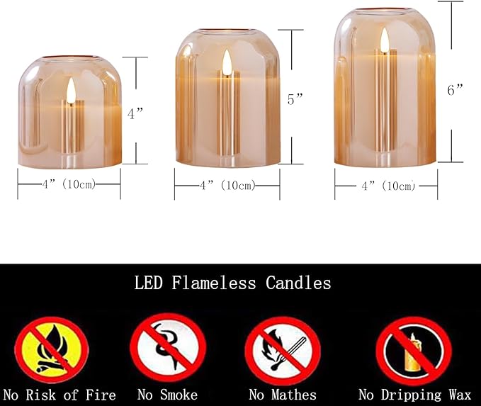 volnyus Gold Glass Flameless Candles with Remote Battery Operated Flickering LED Pillar Candles Real Wax 3D Wick Φ4 H 4" 5" 6"