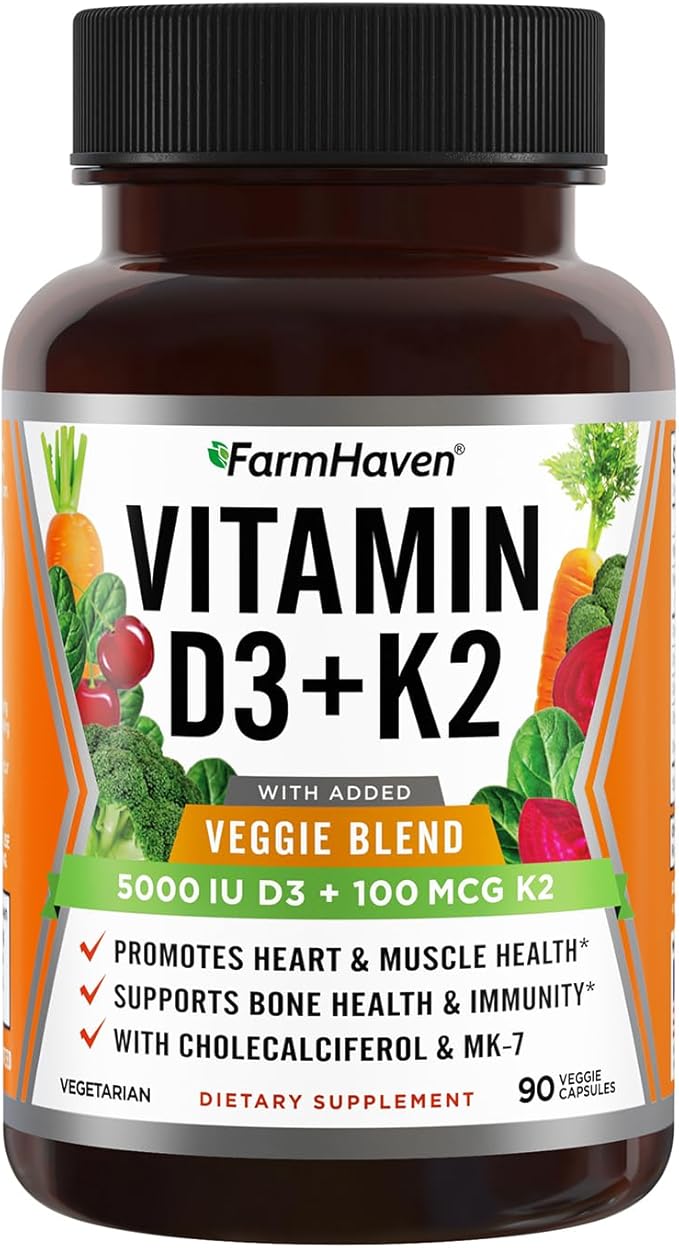 Capsules de Vitamine D3 K2 FarmHaven - 5000 UI D3 et 100 mcg K2 - Cholecalciférol MK7 avec Mélange de Fruits et Légumes - Supplément de Vitamine D K2 pour le Système Immunitaire et la Santé Cardiaque - Végétarien, Sans OGM, 90 Gélules