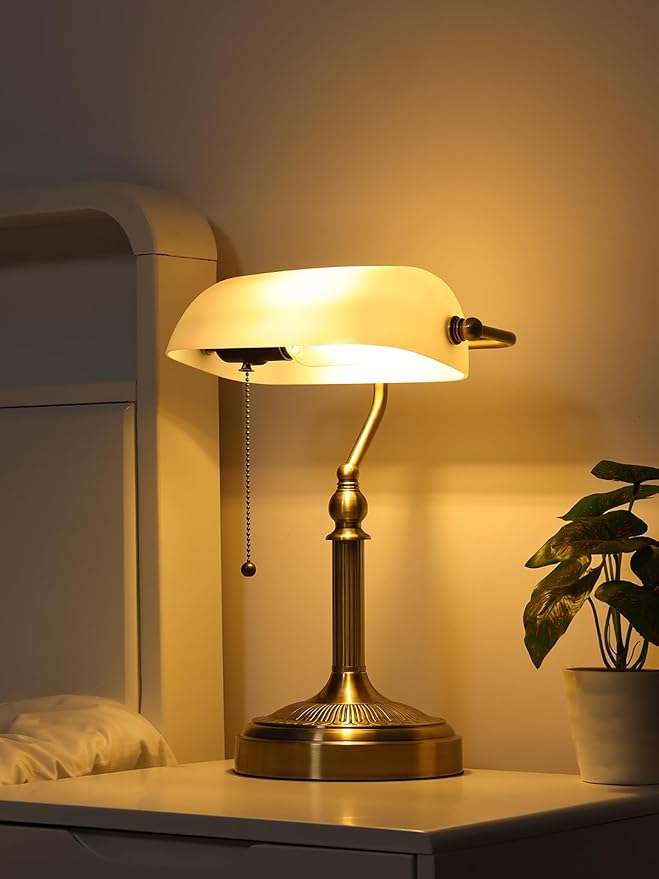 Traditional Glass Bankers Desk Lamp with Pull Chain Switch Plug in Fixture