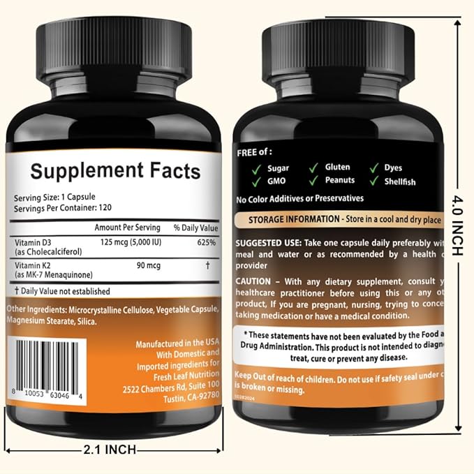 VITBOOST Complexe Vitamine D3 K2 - Facile à avaler - Vitamine D (D3) 5000 UI (125 mcg) & K2 (MK-7) 90 mcg | Sans OGM | Sans Gluten | Fabriqué aux États-Unis | 120 Gélules