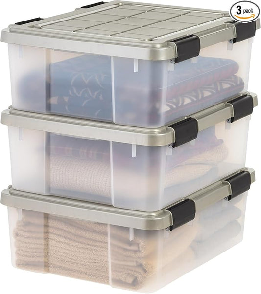 IRIS USA 27 Qt Storage Bins with Gasket Seal Lid, 3 Pack - BPA-Free, Heavy Duty Moving Containers Tight Latch, Weather Proof Tote, WEATHERPRO - Clear/Chrome