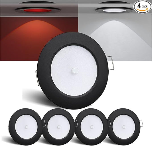 3" LED 12V Push Lights Built-in Switch Interior Bi-Color 12 Volt Red LED Puck Light Full Aluminum RV Dimmable Flush Mount Light for Camper, Boat, Trailer 4Pcs (Black, Cool White)