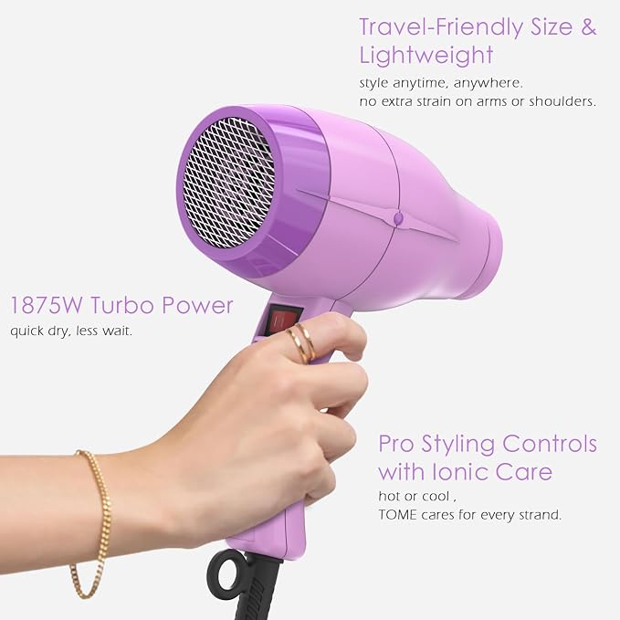 TOME Hair Dryer with Diffuser, 1875W Ionic Blow Dryer with Comb Attachment and Concentrator for Home Use, Fast Drying with Cool Shot and 2 Heat & 2 Speed Settings, 125V, Purple